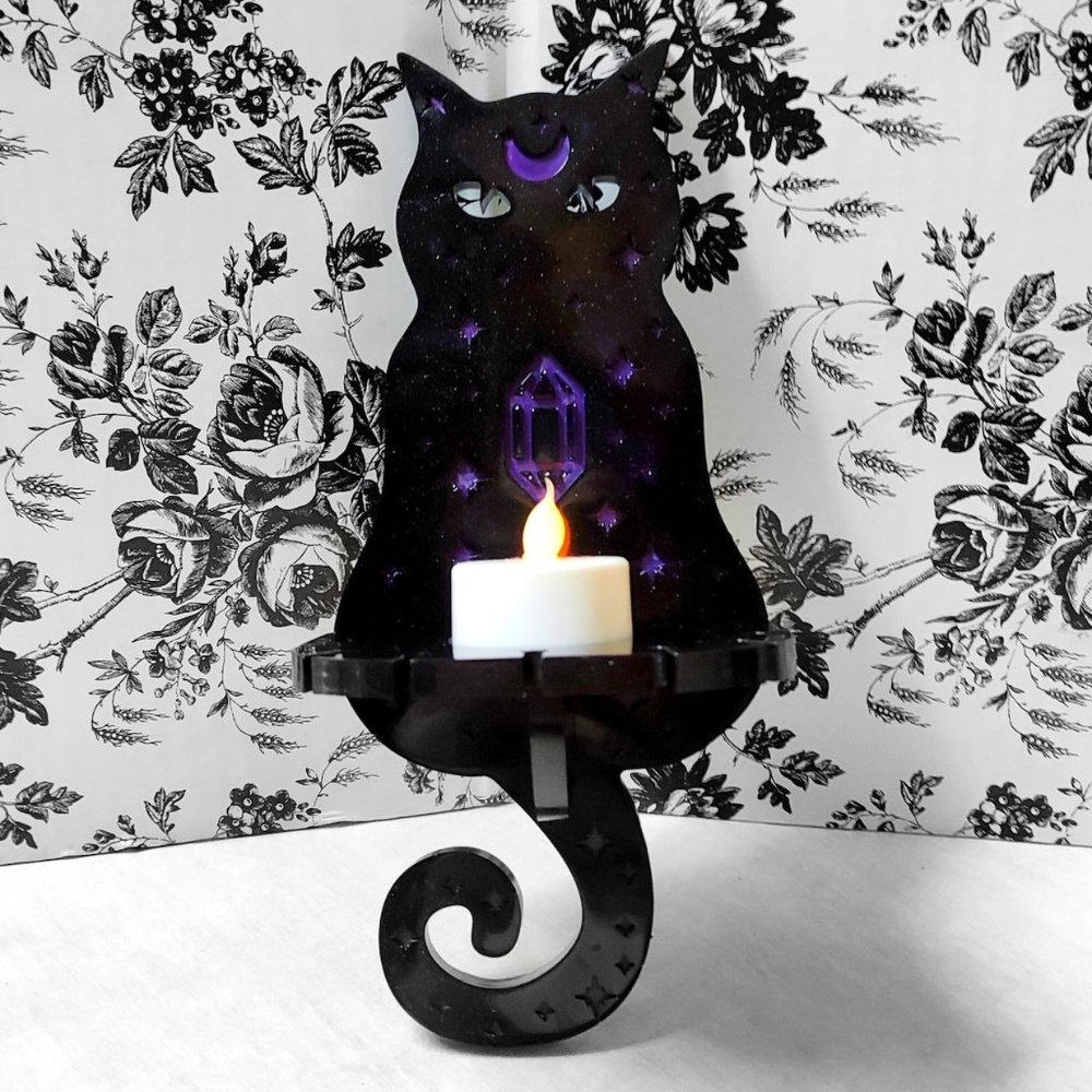 Mystical Kitty Tealight Candleholder+Necklace Rack • Resin Shelf • Witchy Decor
